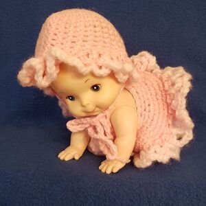 Adorable Vintage Kewpie Doll with Pink Hand-Crocheted Outfit